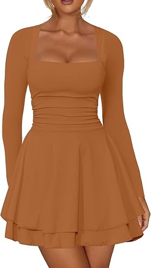 Women's Square Neck Ruffle Hem Mini Dress Ruched Waist Long Sleeve Corset Short Party Dresses